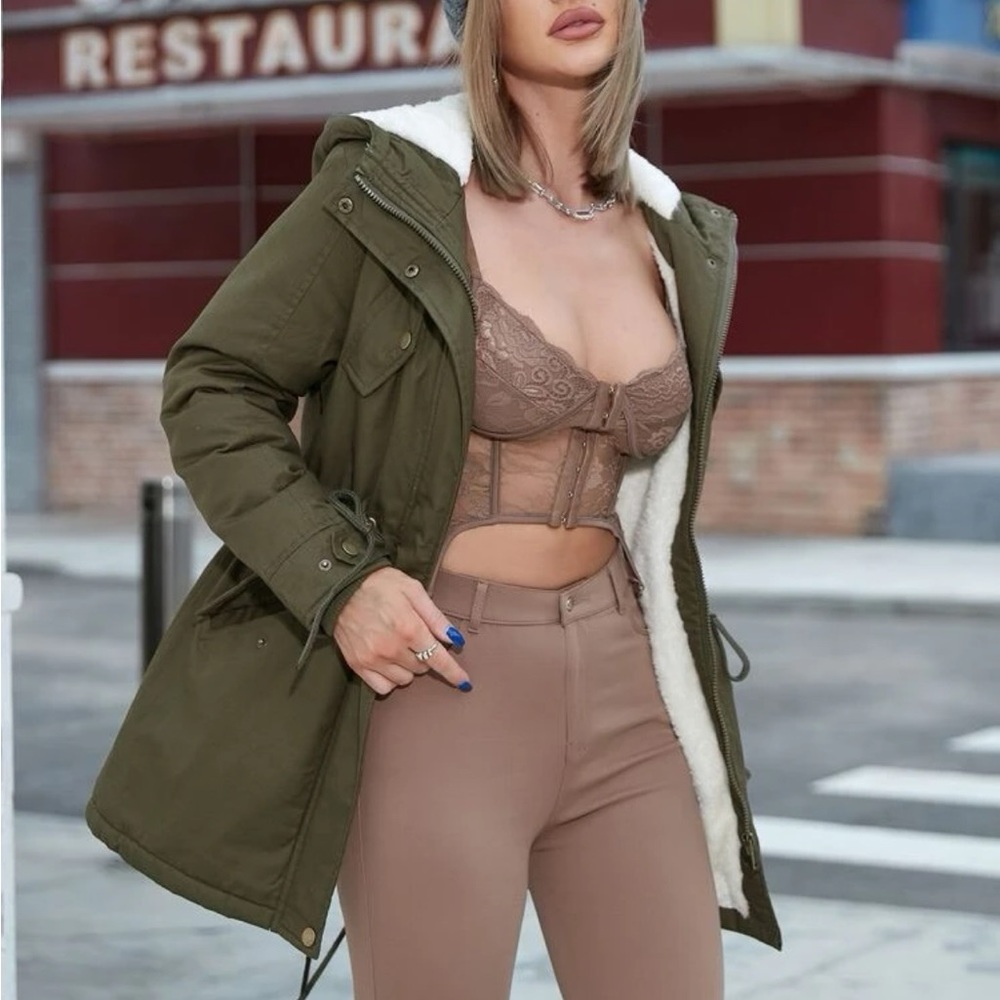 A Fleece Lined Drawstring Waist Hooded Parka Coat - Picture 3 of 8